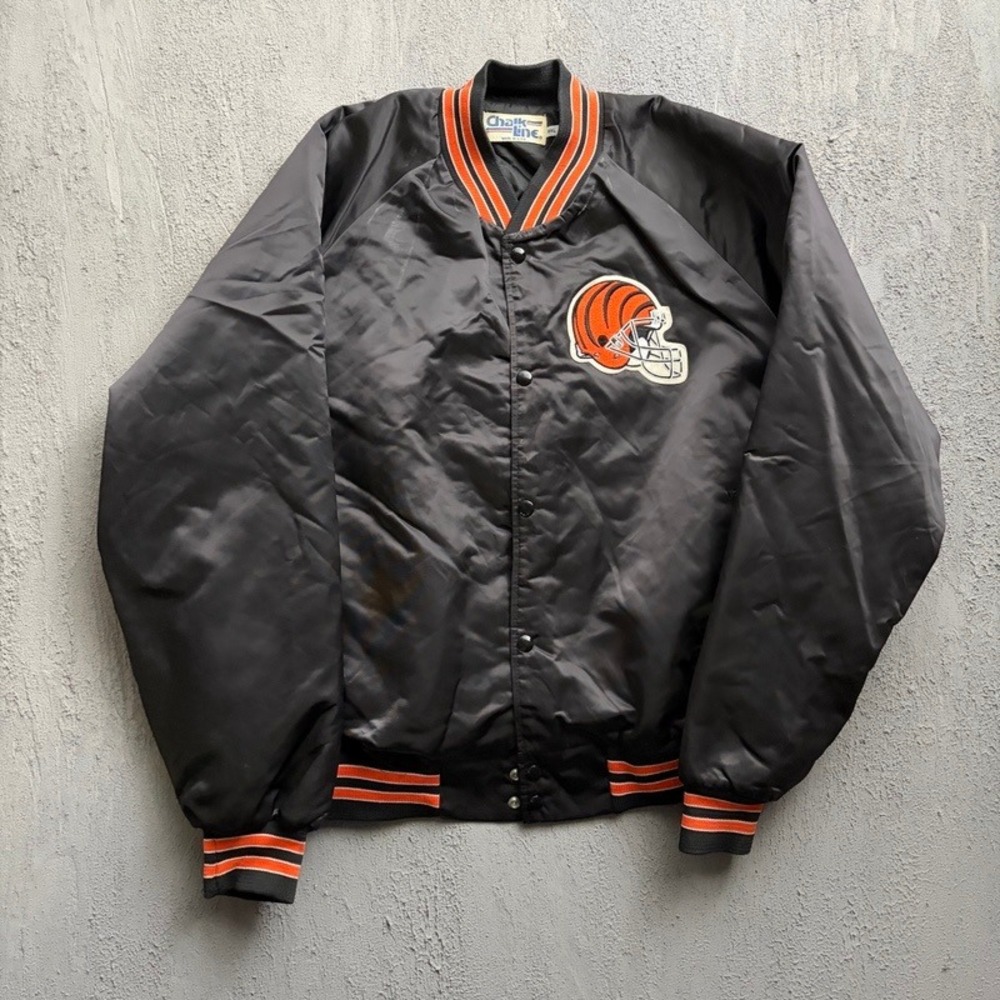 Vintage Cincinnati Bengals Satin Bomber Jacket XXL Black 90s NFL Chalk Line